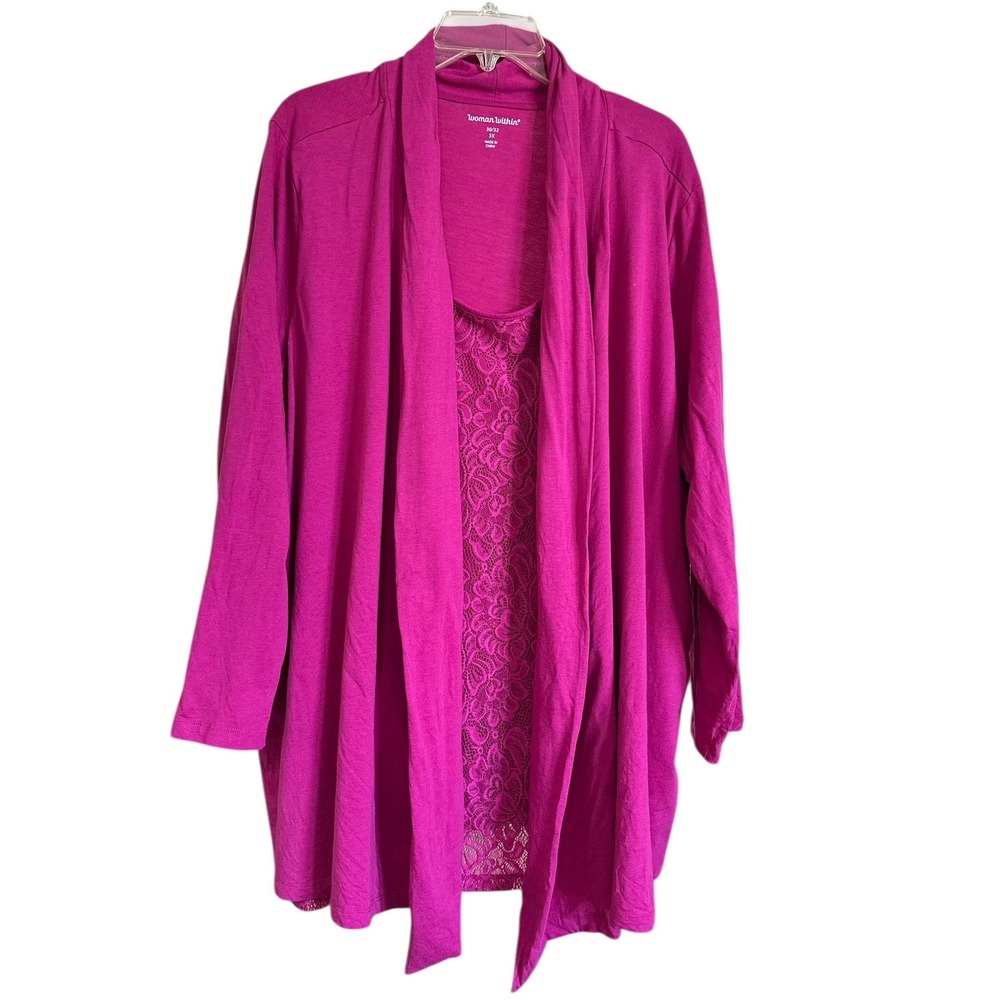 Woman Within 3X Pink‎ Lace Tank Inset Open Front Cardigan Barbiecore Office
